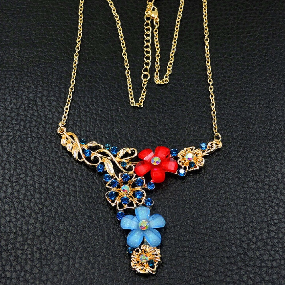 Blue Red Enamel Crystal Flower Chain Necklace